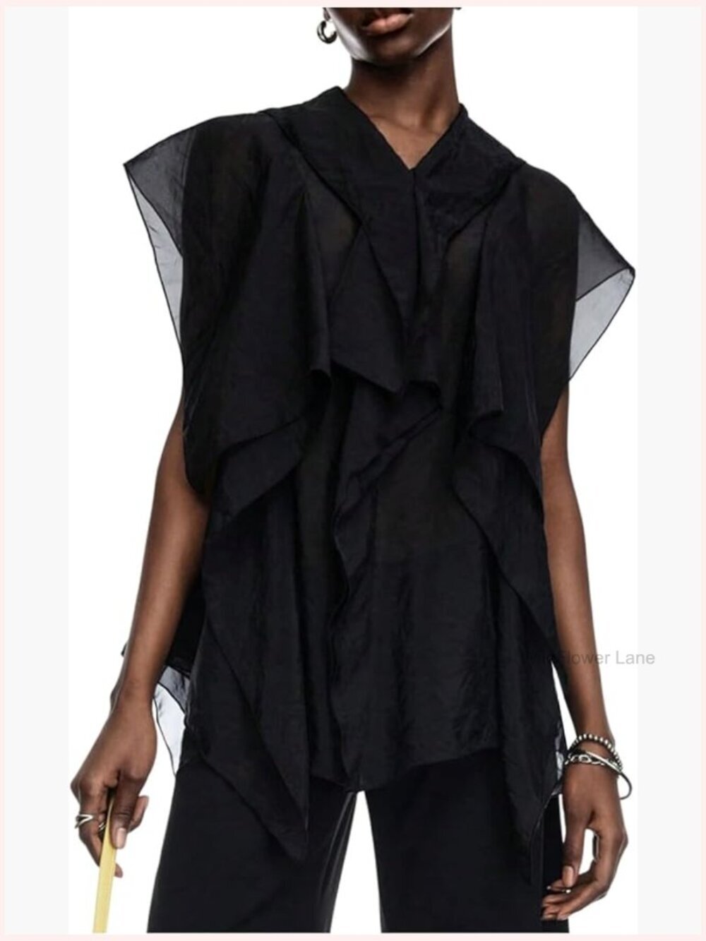 Asymmetrical Ruffle Chiffon Blouse Cap Sleeve V Neck Flowy Top